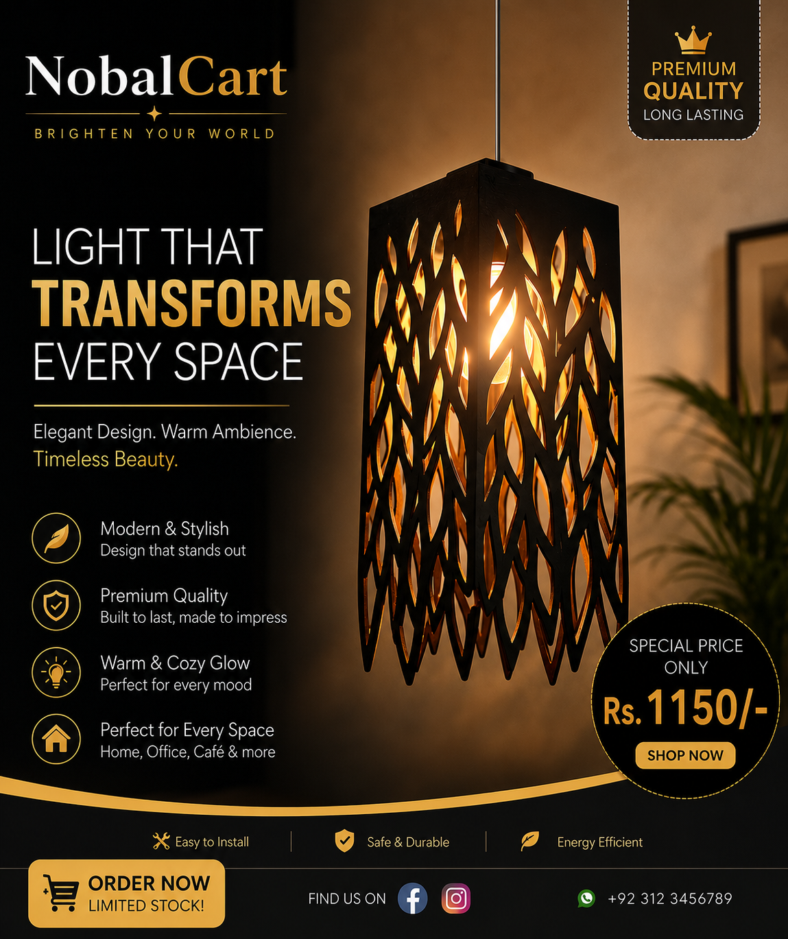 Rechargeable Leaf Pendant Lamp Golden Glow Black MDF